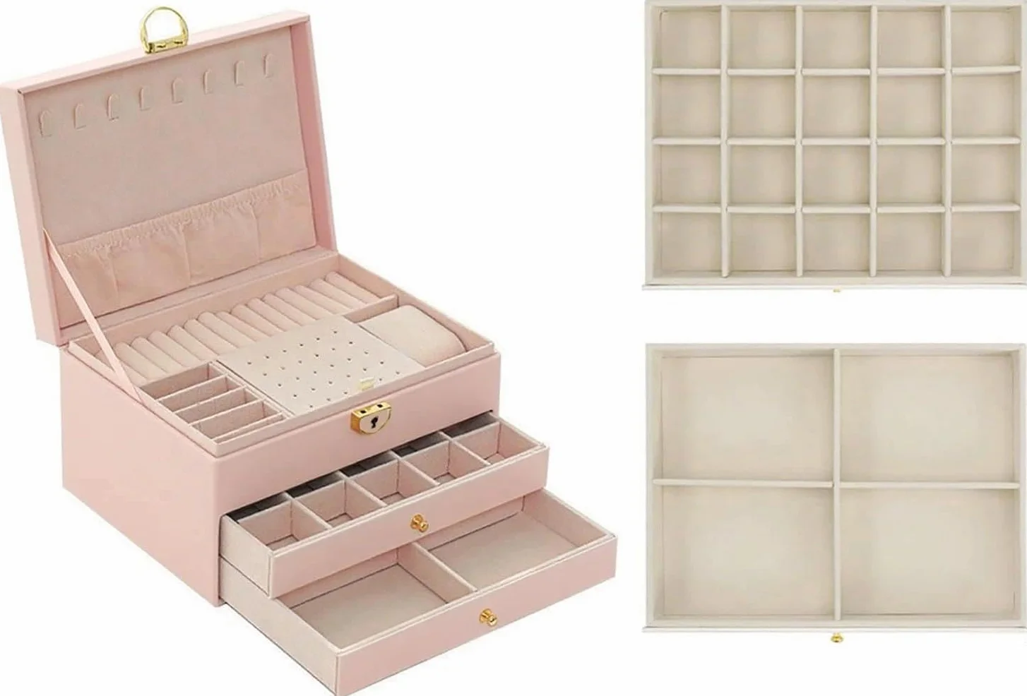 Joyero de 3 niveles, apilable, 2 cajones, caja de almacenamiento con compartimentos, con cerradura y llave, para pendientes, anillos, pulseras, collares (rosa)