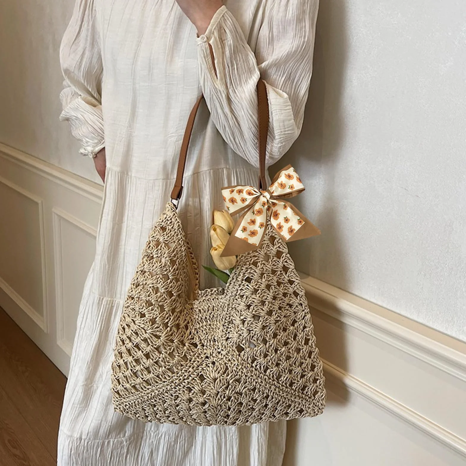 Bolsos de Paja Mujer Verano, Elegante Bolso de Mano Bohemio, Práctico Bolso de Hombro Rafia para Mujer, Bolsos Tejidos Crochet, Tote Bag Para Viaje Fiesta Vacaciones (Beige)