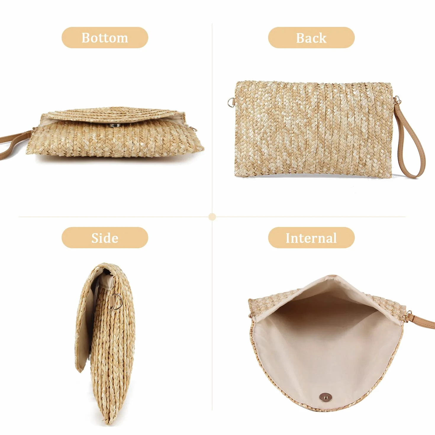 LHHMZ Cartera de mano de paja para mujer Bolsos de verano Bolsos de hombro de paja tejida Cartera de playa