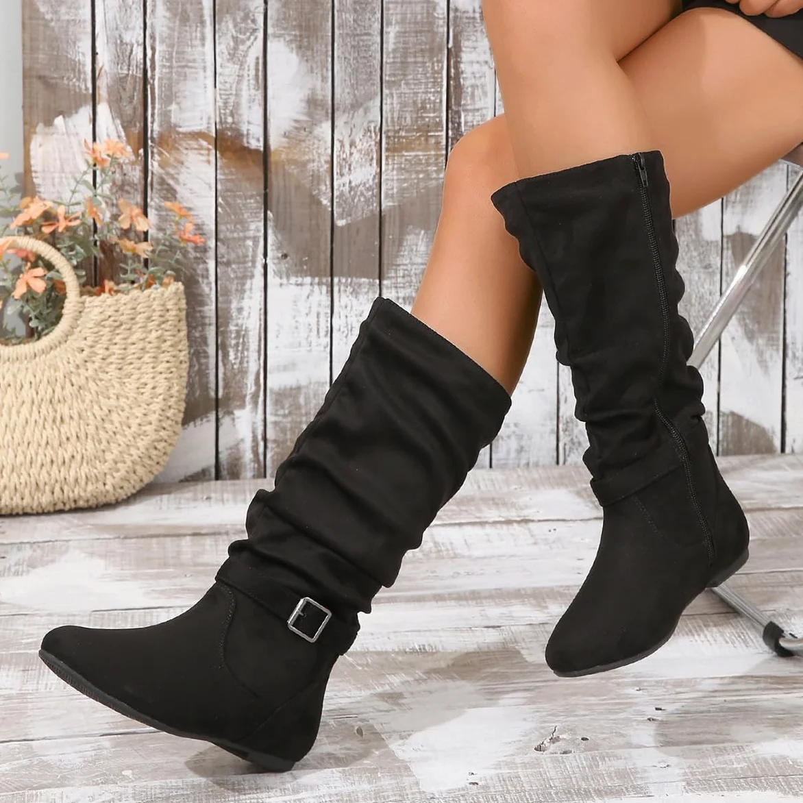 Botines de Ante para Mujer Caña Media Estilo Retro Arrugado Punta Redonda Tacón Bajo Plano Cremallera Lateral Completa Calzado Casual para Todas las Estaciones para Trabajar Citas y Viajar