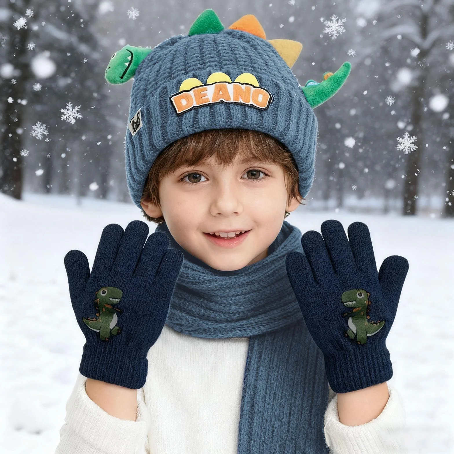 Conjunto Bufanda Gorro y Guantes Niño, Set de Gorra Bufanda Guantes Termicos Niño, 3 en 1 de Punto Gorras Beanie Bufandas Guante Termico, Diseño de Dinosaurios Lindo Gorros Scarf Winter Gloves