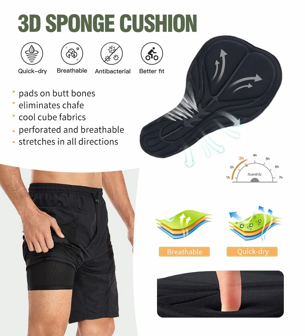 Santic Pantalones Cortos de Ciclismo para Hombre, Pantalones Cortos de MTB para Hombre con Almohadilla de Asiento 4D de Secado Rápido para Bicicleta de Montaña Elasticidad Transpirable