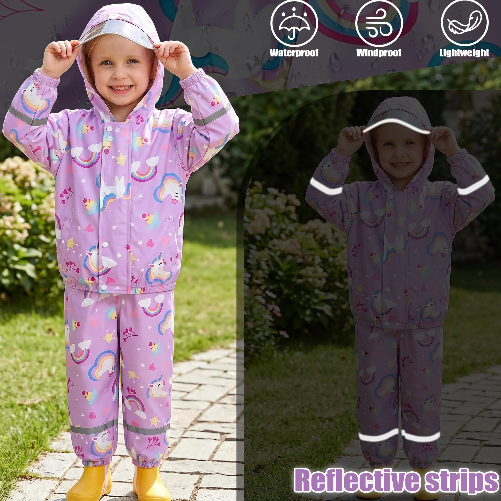 Traje de Lluvia Impermeable para Niñas, Conjunto de Chaqueta y Pantalón de Lluvia Ligero, Exteriores Impermeables Unicornio Abrigos con Capucha, Antiviento Chubasquero para 1-7 años