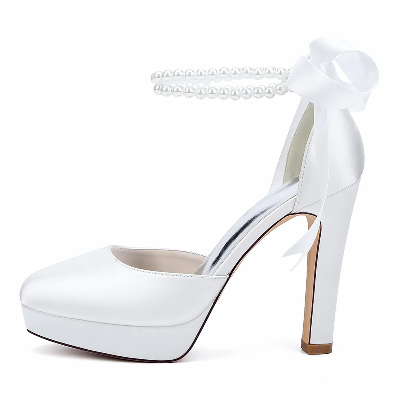 Zapatos de tacón Alto de Plataforma para Novia, Zapatos de salón de satén con Correa al Tobillo y Perlas, Ideales para Bodas, Fiestas y graduaciones