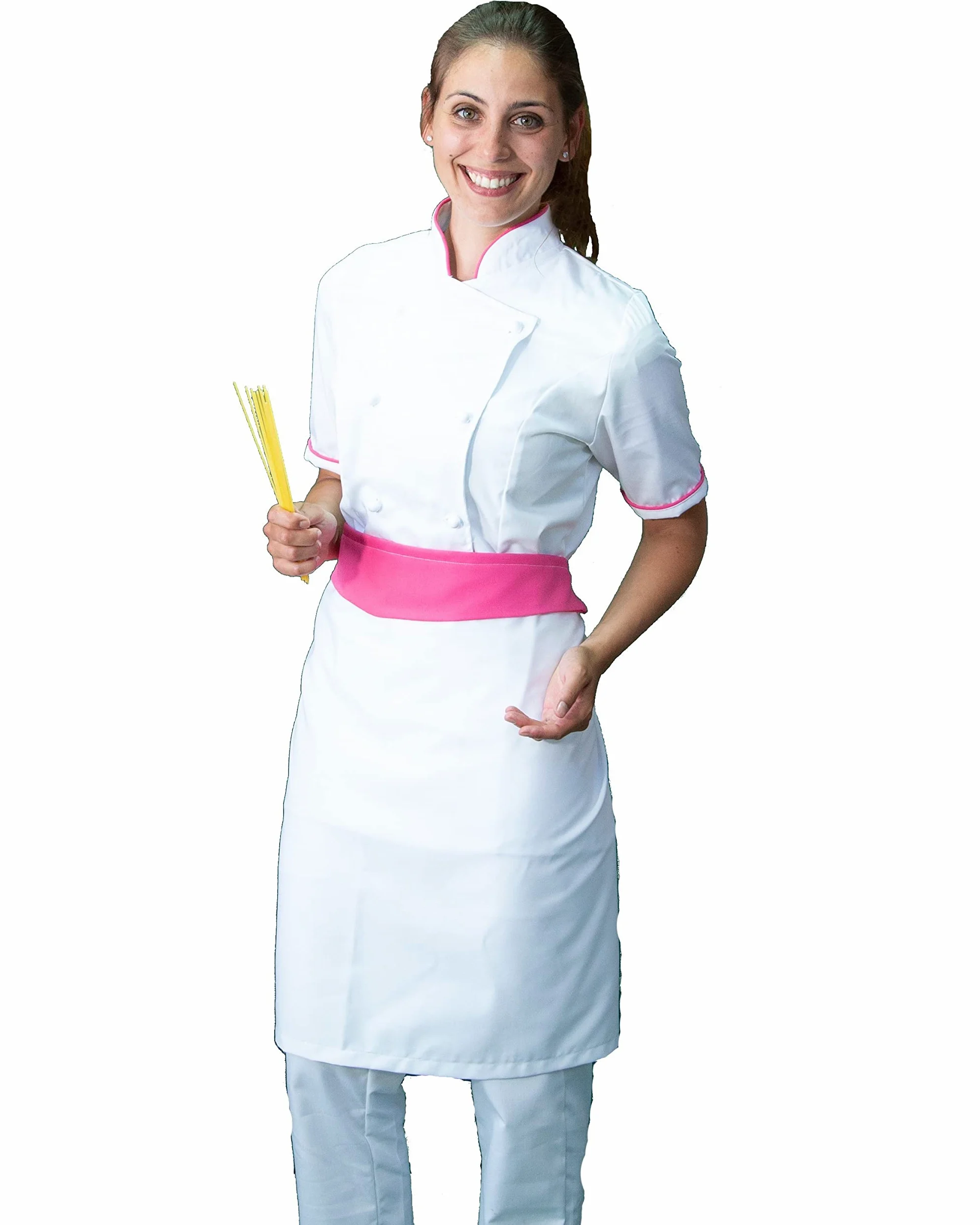 Bordado gratis - Conjunto de cocinero para mujer, blanco y fucsia, uniforme para cocina, restaurante, fabricado en Italia, Blanco Y Fucsia M/C, XS