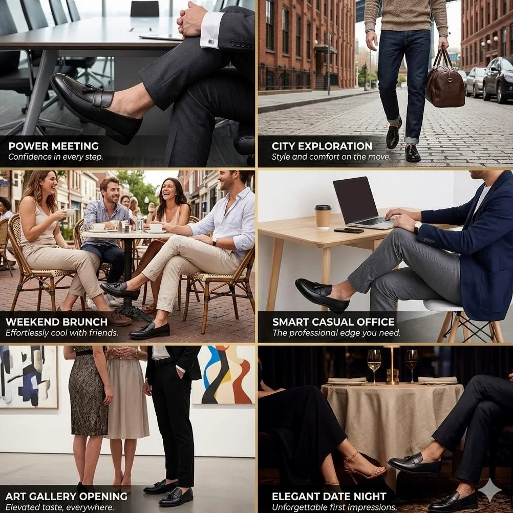 Mocasines Sin Cordones con Borlas De Cuero para Hombre Mocasines De Fumar Clásicos Penny Flats para Vestidos Informales De Negocios Fiesta De Graduación,Marrón,42 EU