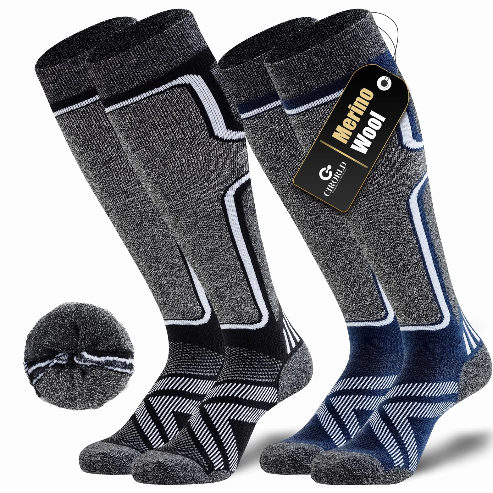 Cirorld Calcetines de esquí de lana merino 2 pares, calcetines térmicos cálidos hasta la rodilla gruesos para invierno, clima frío, nieve, esquí, snowboard, caza, senderismo