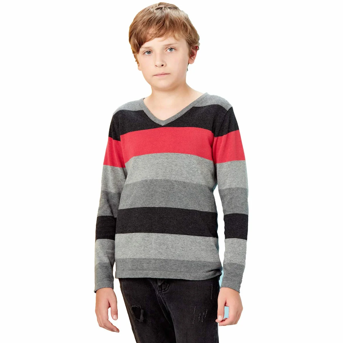 Suéter de punto para niños, sudadera de Navidad, suéter a rayas, manga larga, ropa cálida para otoño e invierno, 4-14 años