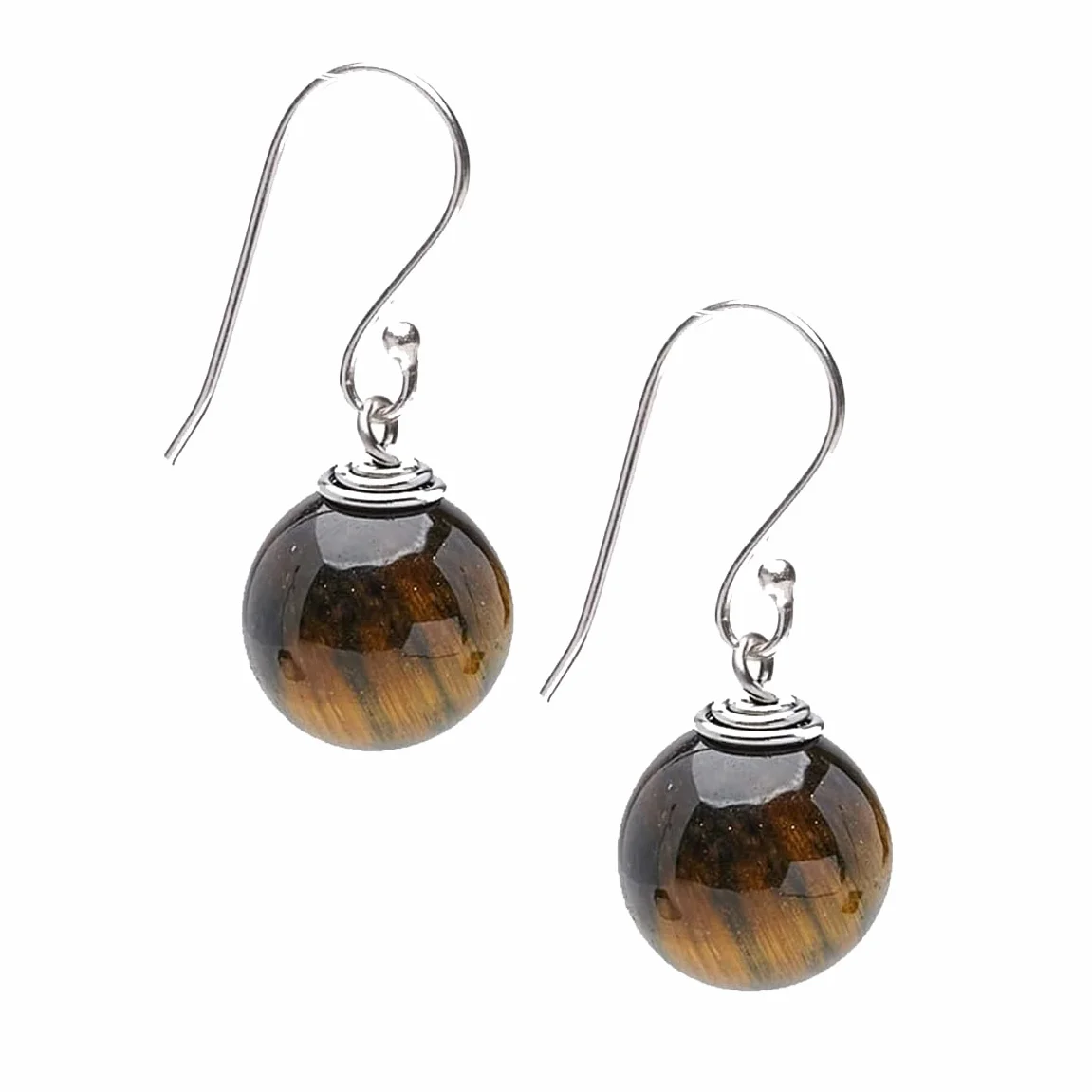 Pendientes colgantes de plata de ley con ojo de tigre marrón 12 mm hechos a mano para mujer