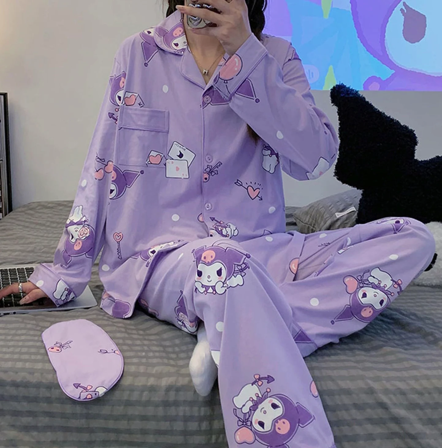 Kawaii Cartoon Pijama Mujer Niña Camiseta de Manga Larga y Pantalón Largo Conjunto 2 Piezas Ropa de Domir para Primavera Verano Morado/1 M