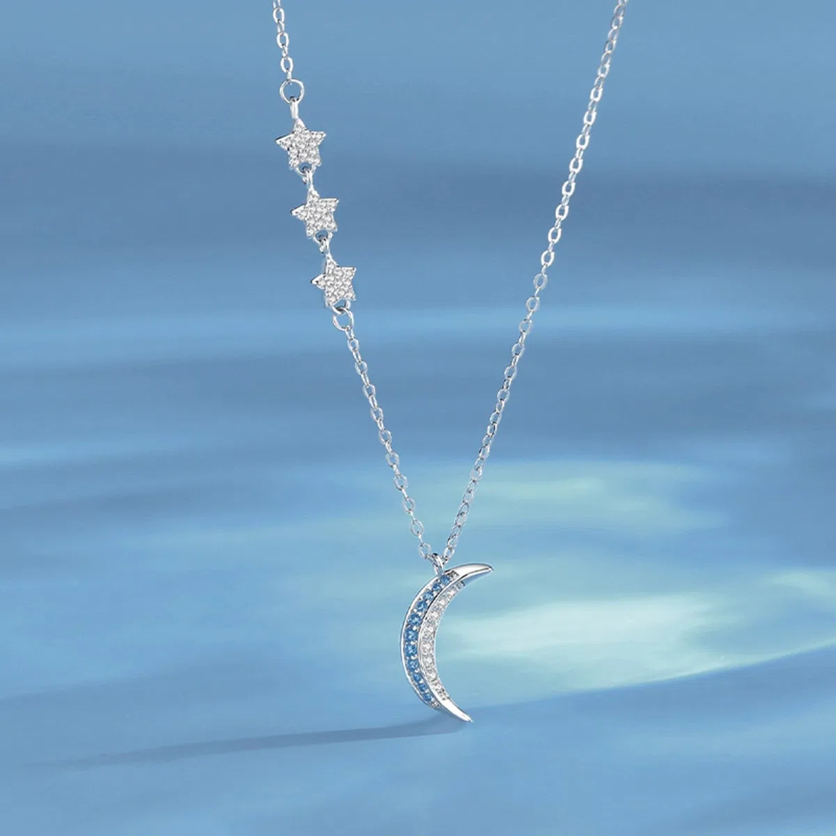 Collares de moda para mujer, collar de oro blanco de 9K/14K/18K con colgante de luna de moissanita y estrella de topacio, cadena Rolo: 40 + 5 cm