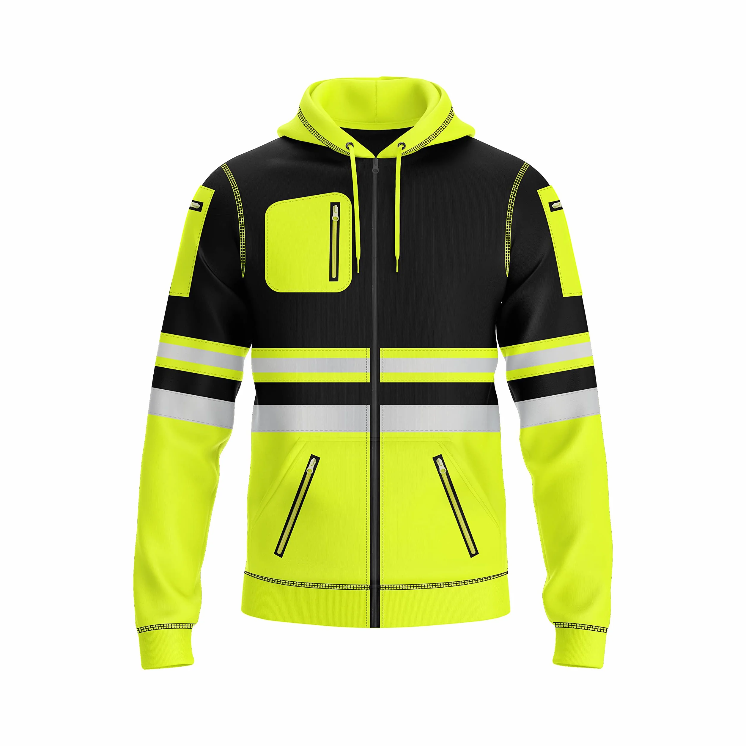Mens Hi Vis Pullover Hoodie Reflective Tape Safety Work Drawstring Multi Zipped Pockets High Viz High Visibility Hoodie Sweatshirt