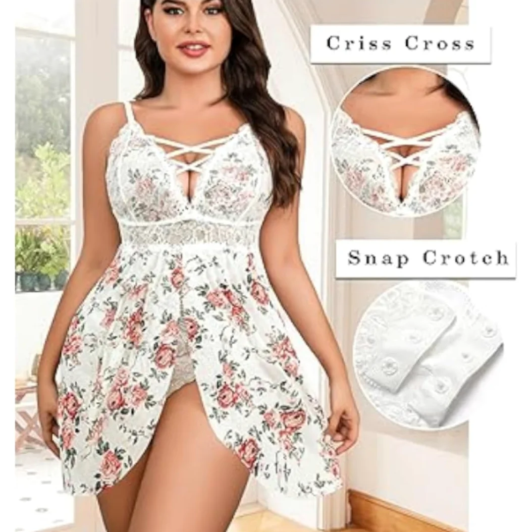 XHYRHTS Babydoll de lencería Sexy de Talla Grande para Mujer, camisón de Encaje, Ropa Interior de negligé, Ropa de Dormir de una Pieza, camisón para Mujer