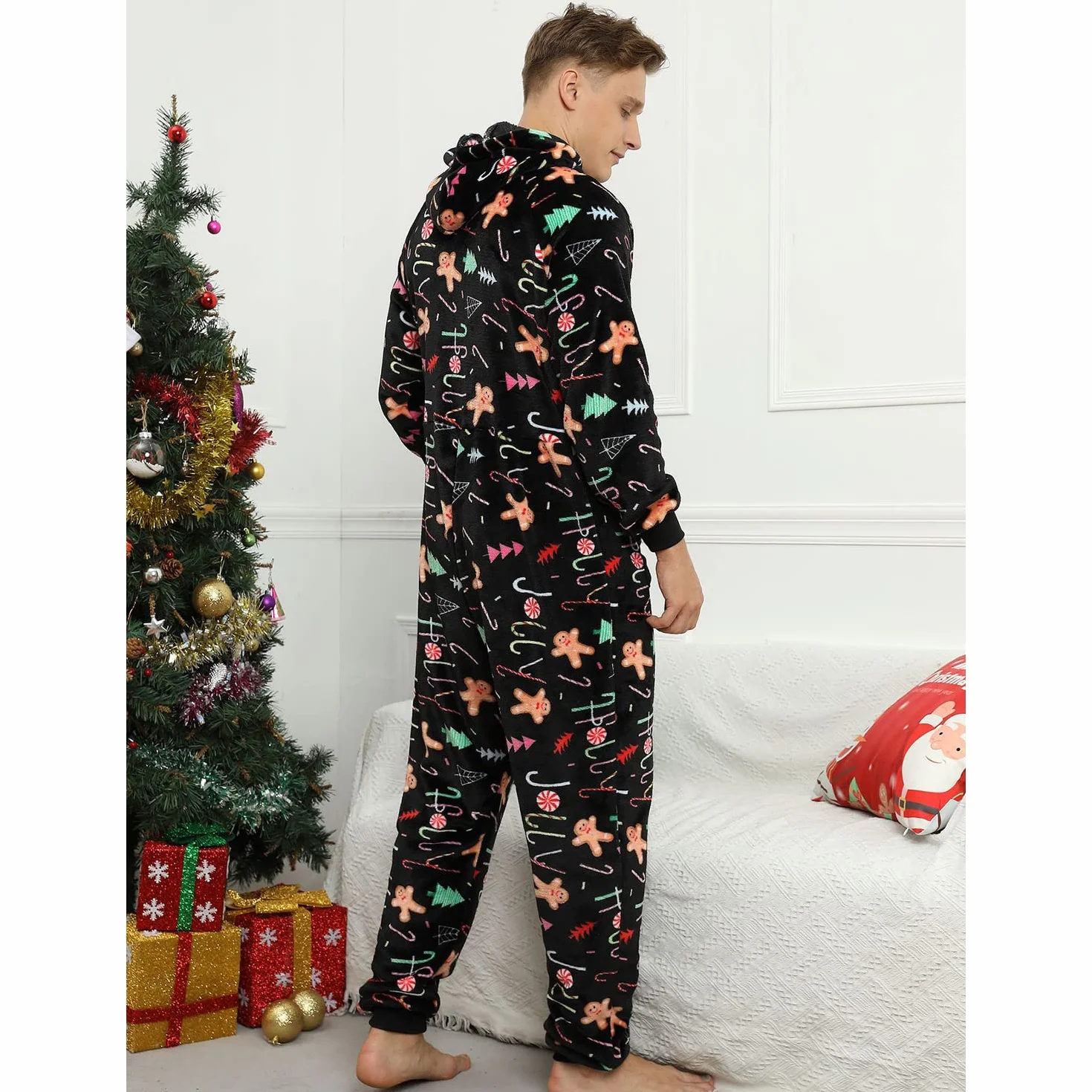 Pijama Navidad Una Pieza Hombre Franela Pijamas Mono Entero con Capucha Manga Larga Invierno Calentito Jumpsuit Adulto Onesie Ropa de Casa Dormir Caramelo de Navidad Negro XL