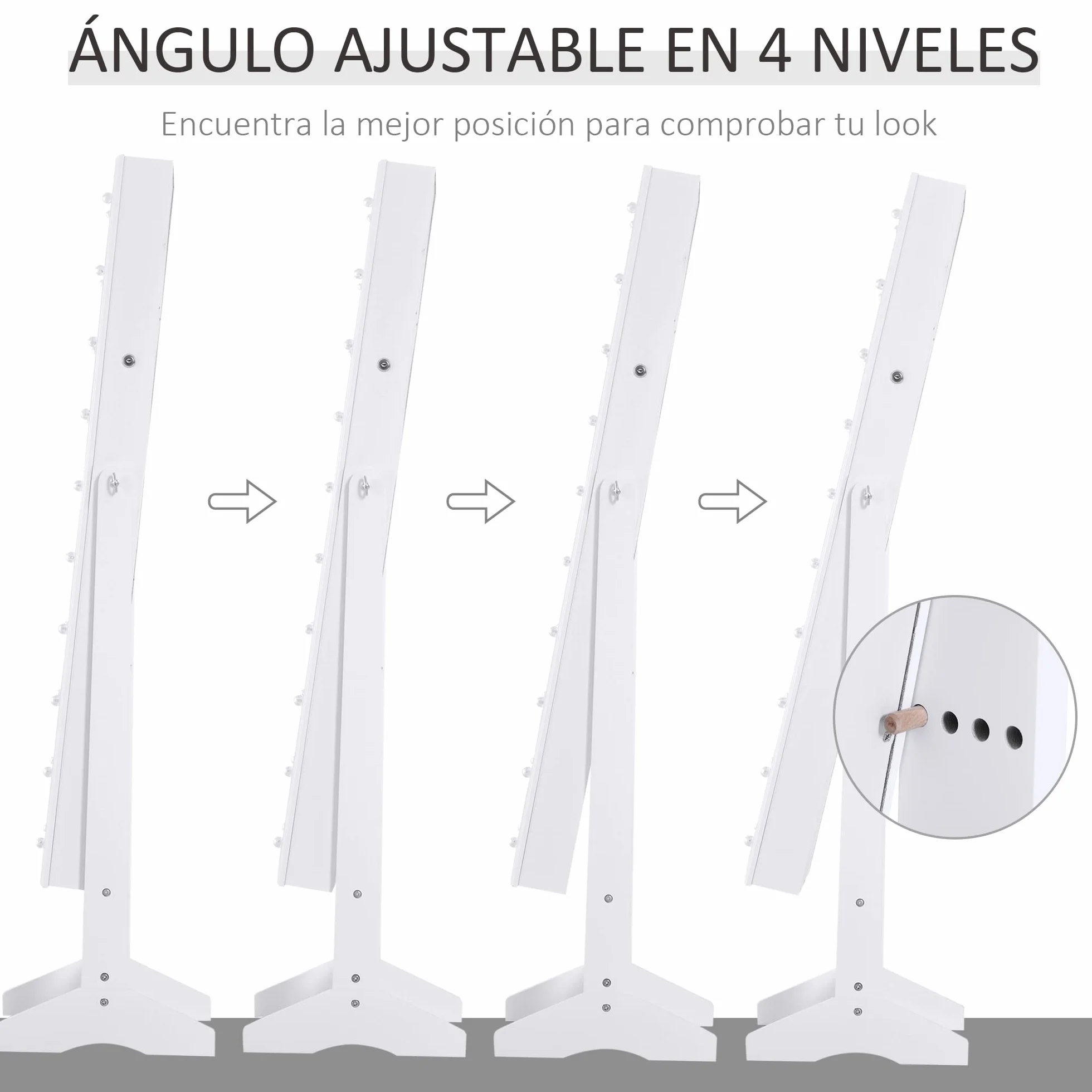 HOMCOM Espejo Joyero con 20 Luces LED Armario Joyero Reclinable con Guardajoyas Anillos Pendientes Collares Cerradura y Llaves 40x37x146 cm Blanco