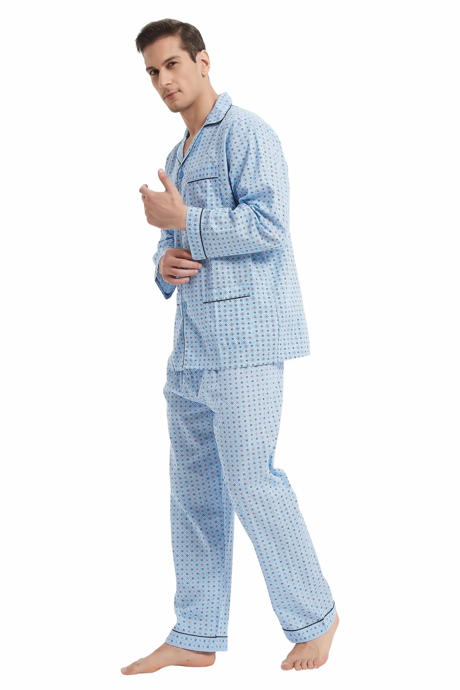 GLOBAL Pijama Hombre 100% Algodón Ropa de Dormir Manga Larga con Botones Cordón Transpirable Conjunto de Pijama Hombre Ropa de Estar por Arriba y Abajo S-3XL