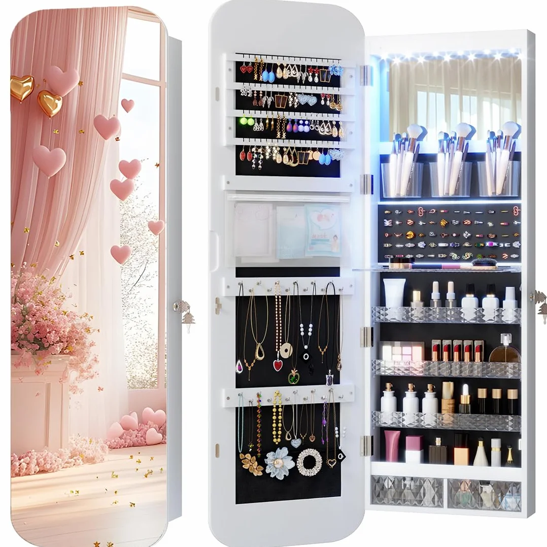 Vlsrka Oval Armario Joyero con Luz, LED Armario Espejo Joyero de pared, Espejo joyeros de puerta con Cerradura, Armario Espejo colgante Con luces, Ovalado Espejo joyeros, Regalo mujere, Blanco