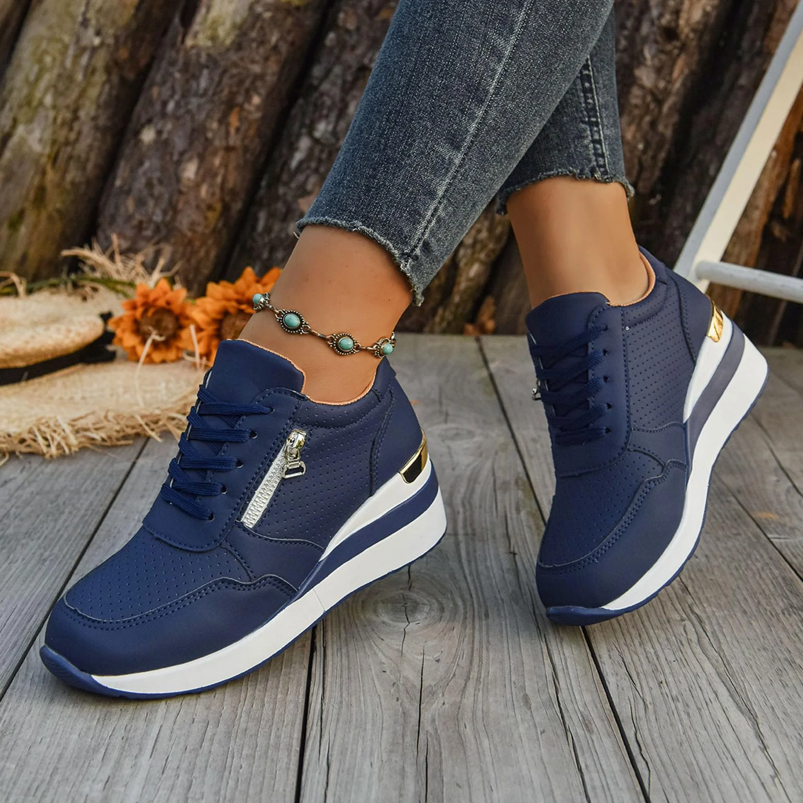 Zapatillas Mujer Cuña Plataforma Zapatos Casual con Cremallera Transpirable Cordones Zapatillas de running Zapatillas de deporte Mujer Zapatos de Plataforma Cómodos