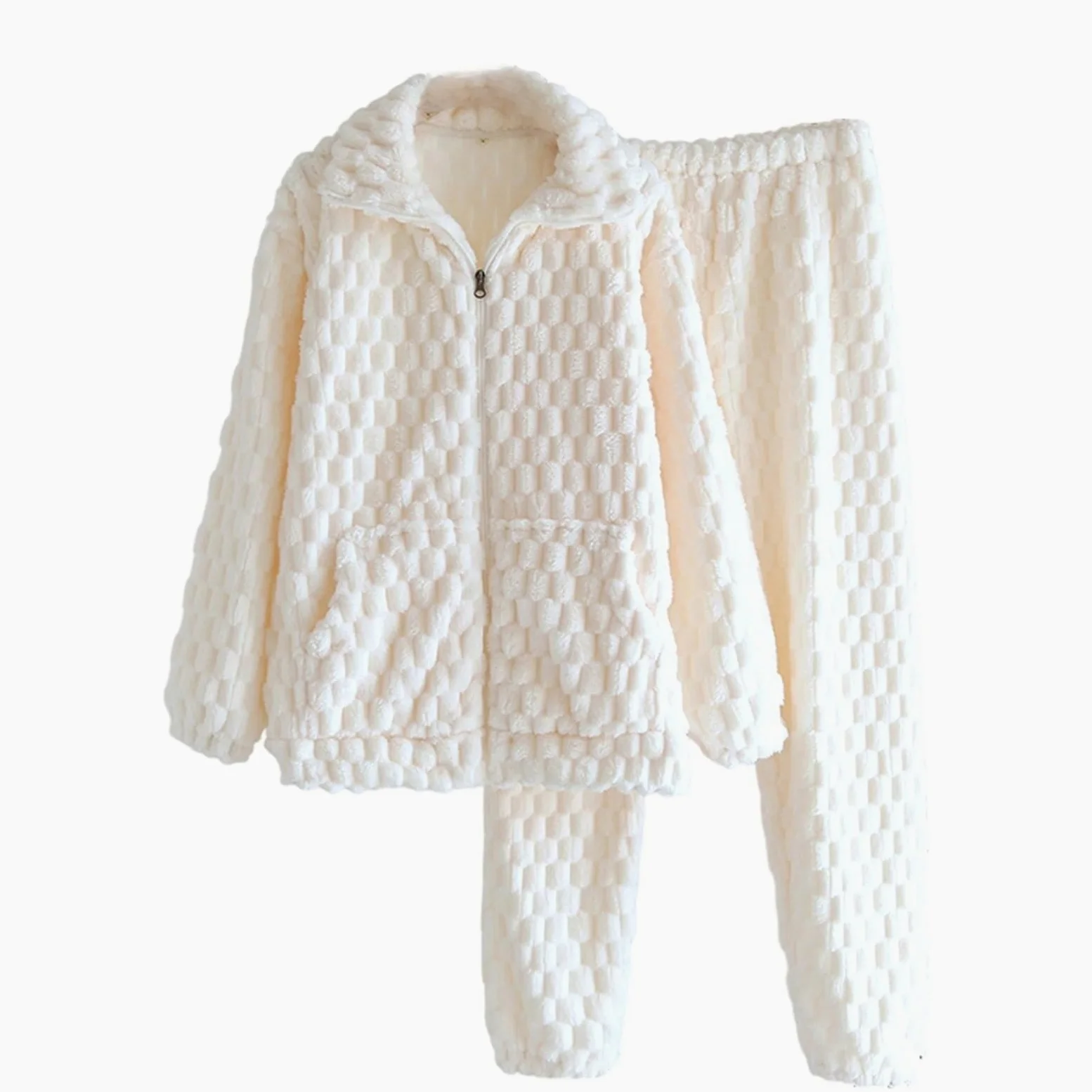 Generisch Pijama de franela de invierno para hombre, con cuello de cremallera, forro polar térmico, ropa de casa para la estación fría