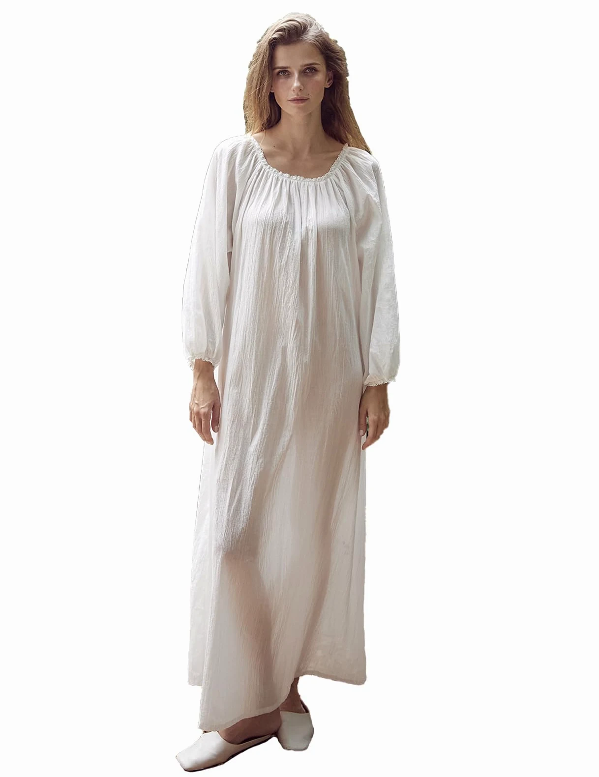BEAUTELICATE Camisón Victoriano de Algodón Muselina para Mujer con Detalles de Encaje Manga Larga Suave y Holgado Blanco