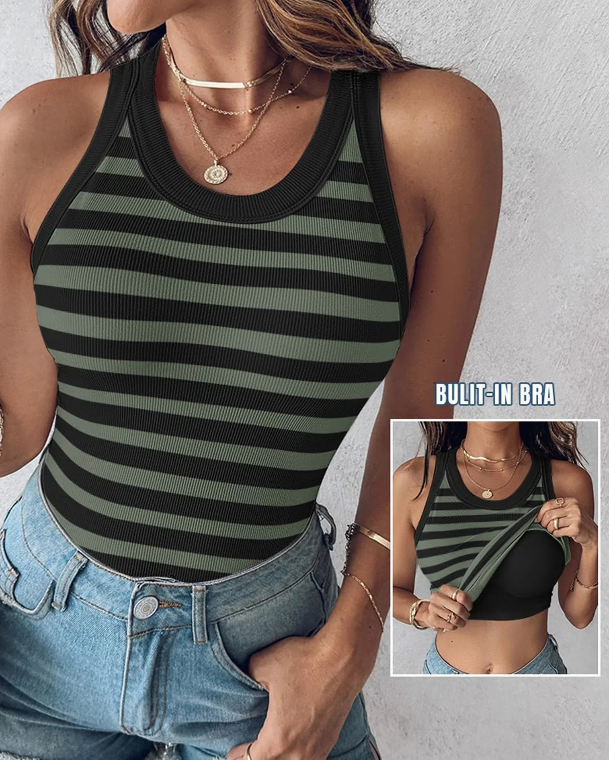 Camisetas sin Mangas acanaladas para Mujer con Sujetador Incorporado, Estilo Nadador, Ajustadas, básicas para Entrenar, Ajustadas, Informales.