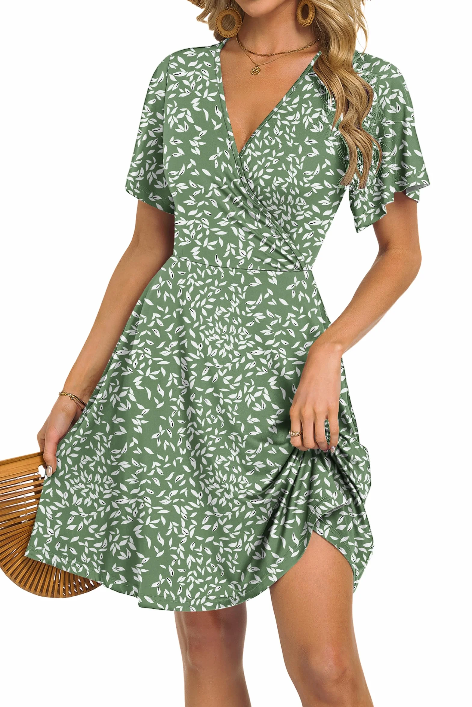PLMOKEN Vestido de Verano para Mujer Sexy Cuello en V Manga Volantes Bolsillos