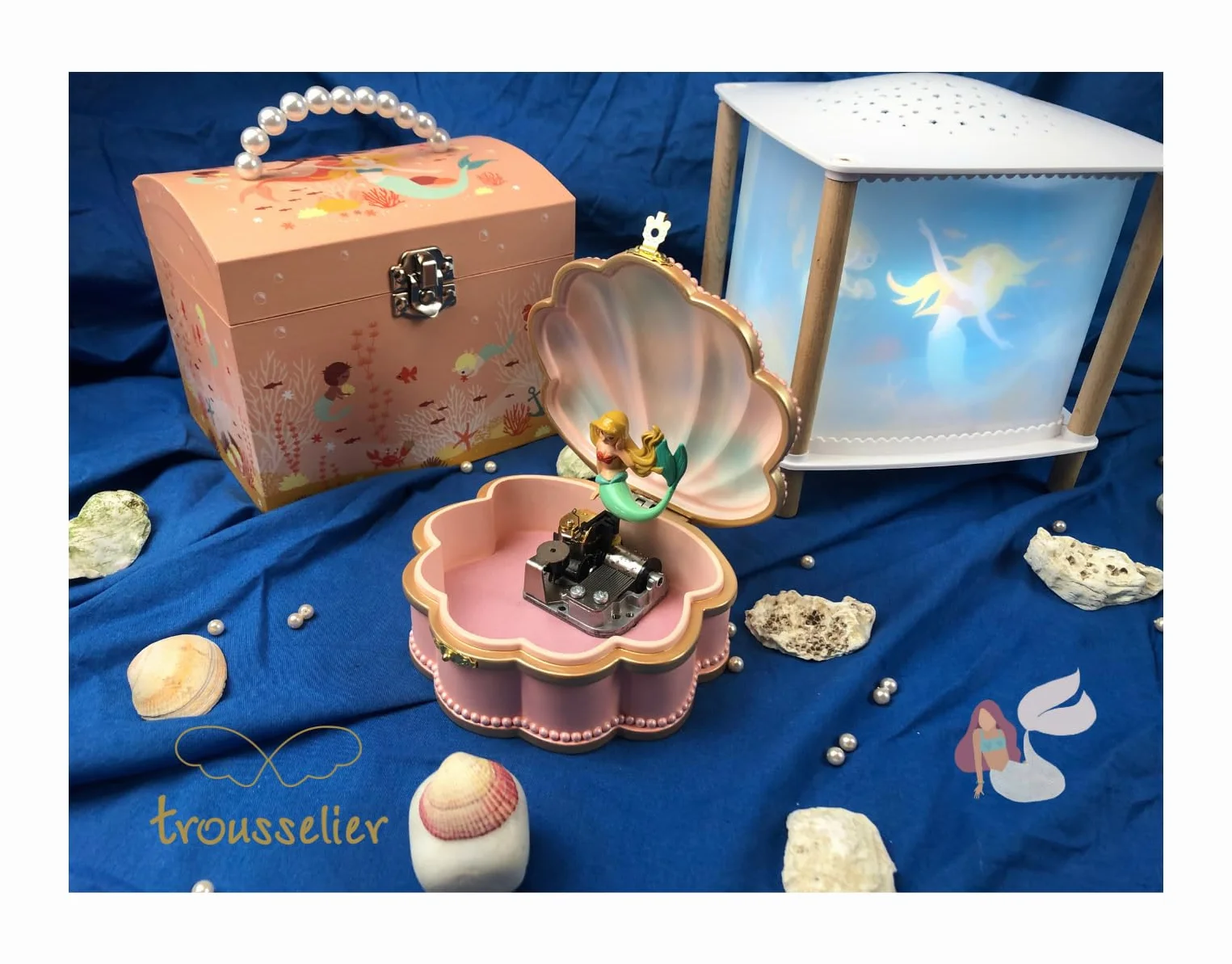 Trousselier Sirena en concha Caja de música coleccionista Pequeña joyería musical Vintage Rosa Le lac des Cygnes