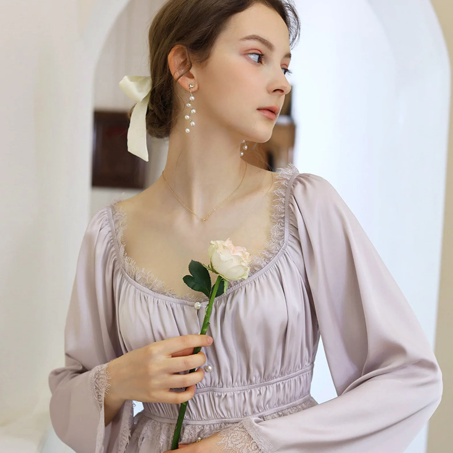 OFFSUM Camisón De Pijama De Mujer - Elegante Color Sólido Satén Sexy Encaje Cuello Cuadrado Camisón Estilo Palaciego Camisón Primavera Verano Cómodo Vestido De Dormir