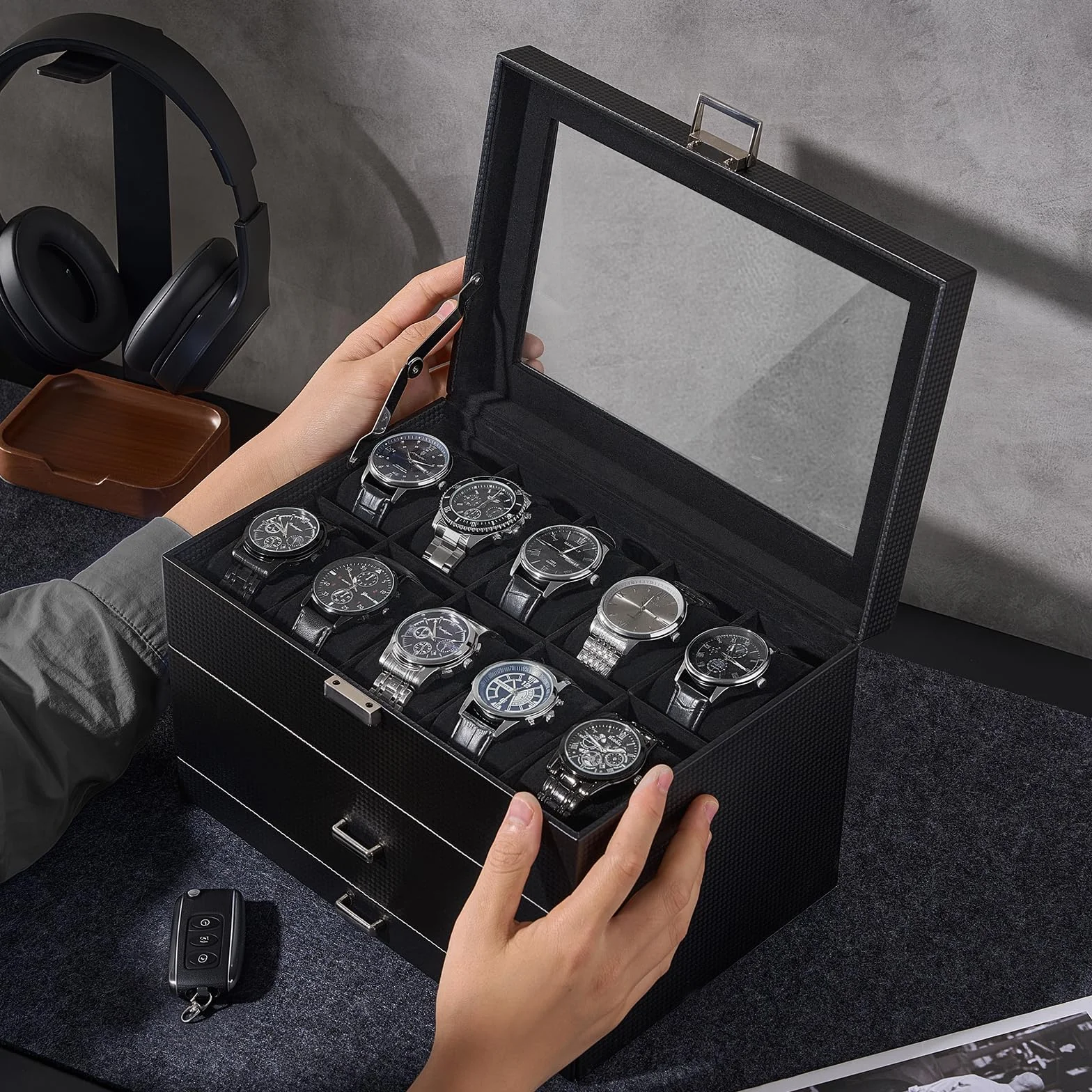 ProCase Organizadora para Relojes para Hombre, 20 Ranuras Caja Organizadora de Joyería de 3 Capas con Cajón Estuche de Almacenaje con Tapa de Cristal Vitrina Expositor -Negro Puro