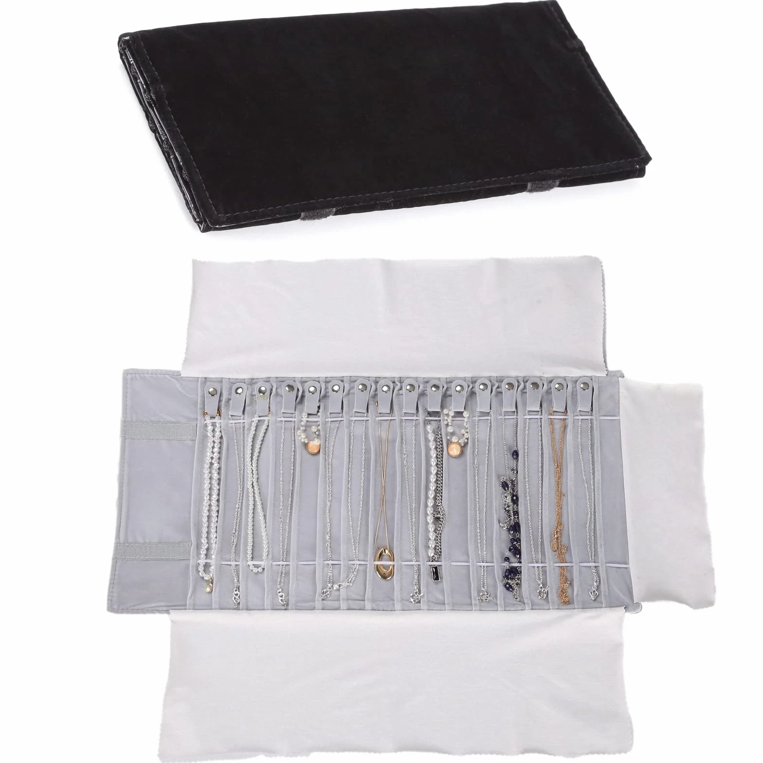 Rollo de joyería, terciopelo rollo joyero, bolsa reticular de PVC transparente antipolvo, organizador de viaje para joyas, rollo joyero con bolsillos y cremallera (gris, franela)