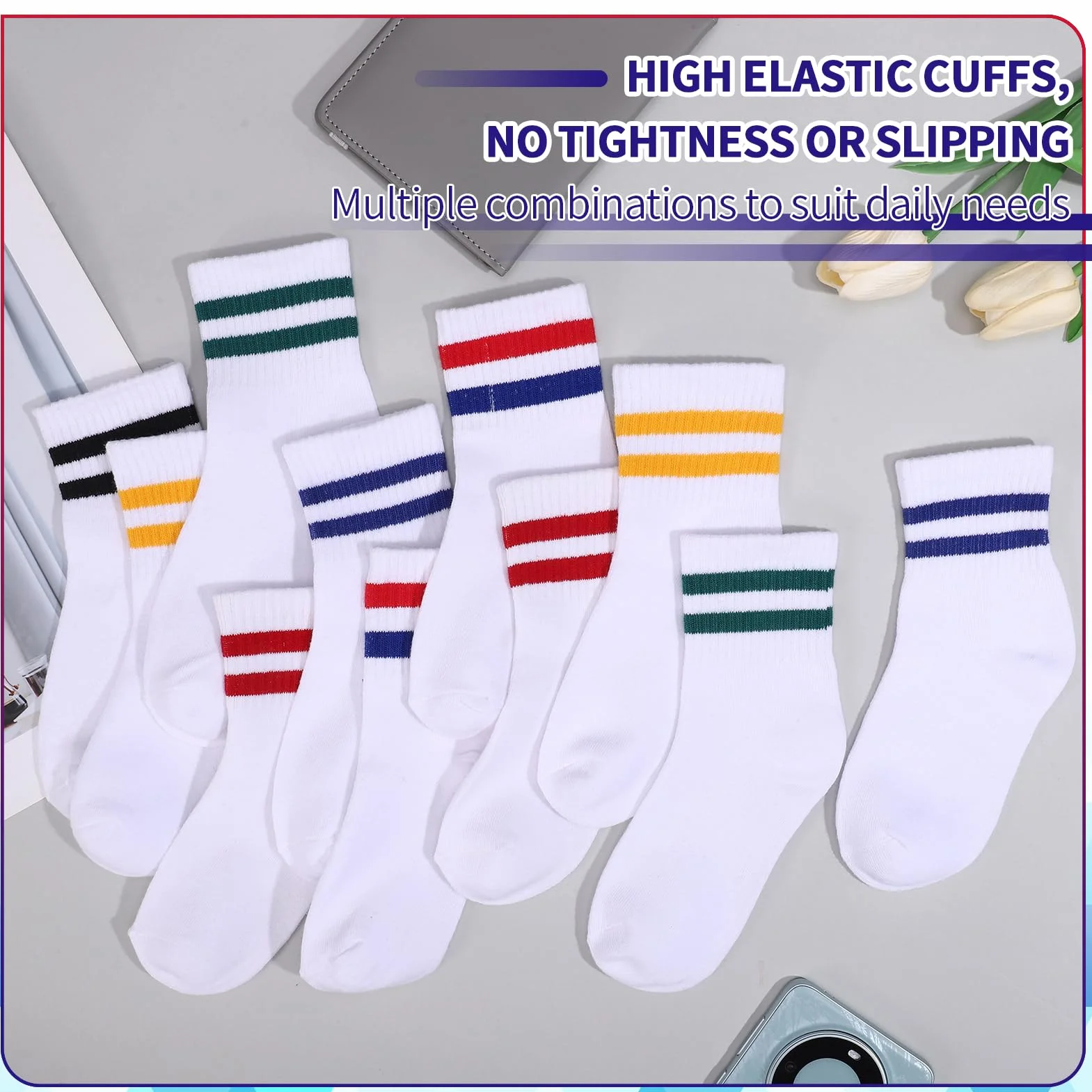 Zuimei 6 Pairs Boys Girls Socks Kids Sport Crew Socks Junior Cotton School Sports Sock, Striped Stretchy Athletic Sock for Girls and Boys 6-12 Years