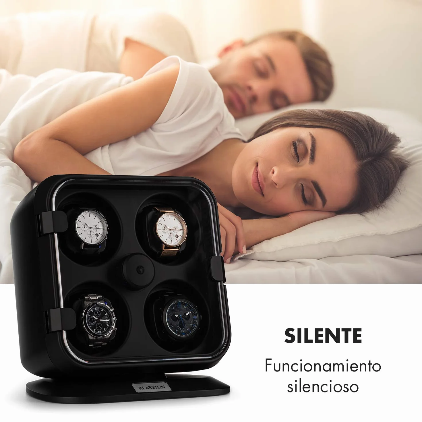 KLARSTEIN Caja Relojes Automáticos, Caja Giratoria Relojes 4 Compartimentos, Cajas para Relojes con Luz, Estuche para Reloj, 3 Velocidades de Rotación, Relojero con Cojines, Watch Winder, Negro