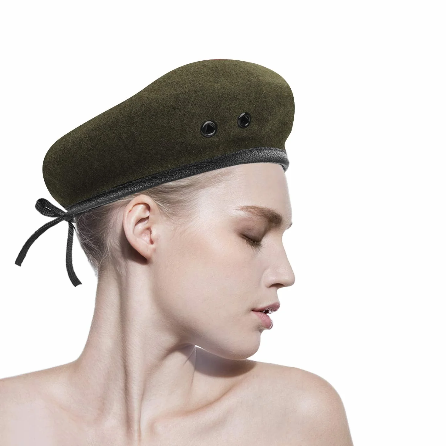 Boinas de Lana, para Mujer, Estilo Militar, Boinas Estilo Militar con Ribete de Cuero, Ajustable, Talla única