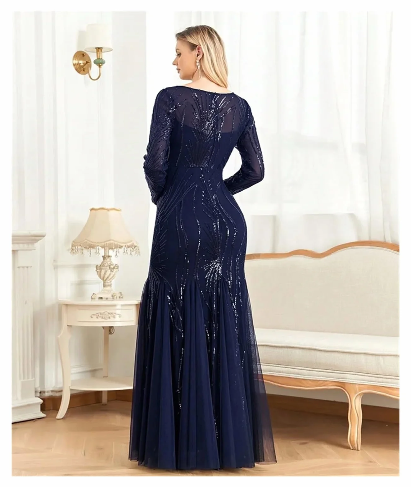 Vestido de Graduación para Mujeres Elegantes Vestidos de Noche de Tul con Lentejuelas y Mangas largas, Estilo Sirena, Formales, for Dama de Honor y Fiesta Maxi(Champagne,M)