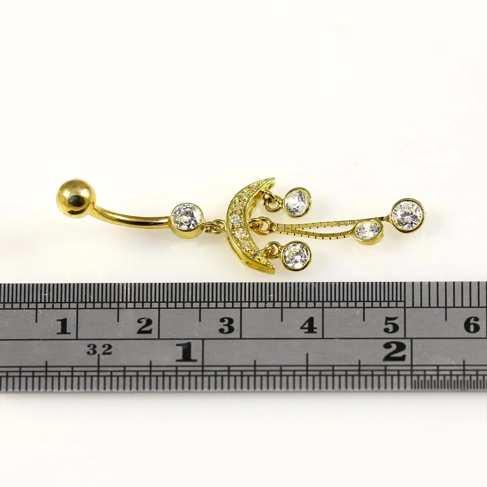 Piercing para el ombligo de oro amarillo macizo de 14 quilates con circonita cúbica y cadena italiana, joyería de ombligo de 14 quilates, calibre 14, 14 Gauge - 12mm Length, Circonia
