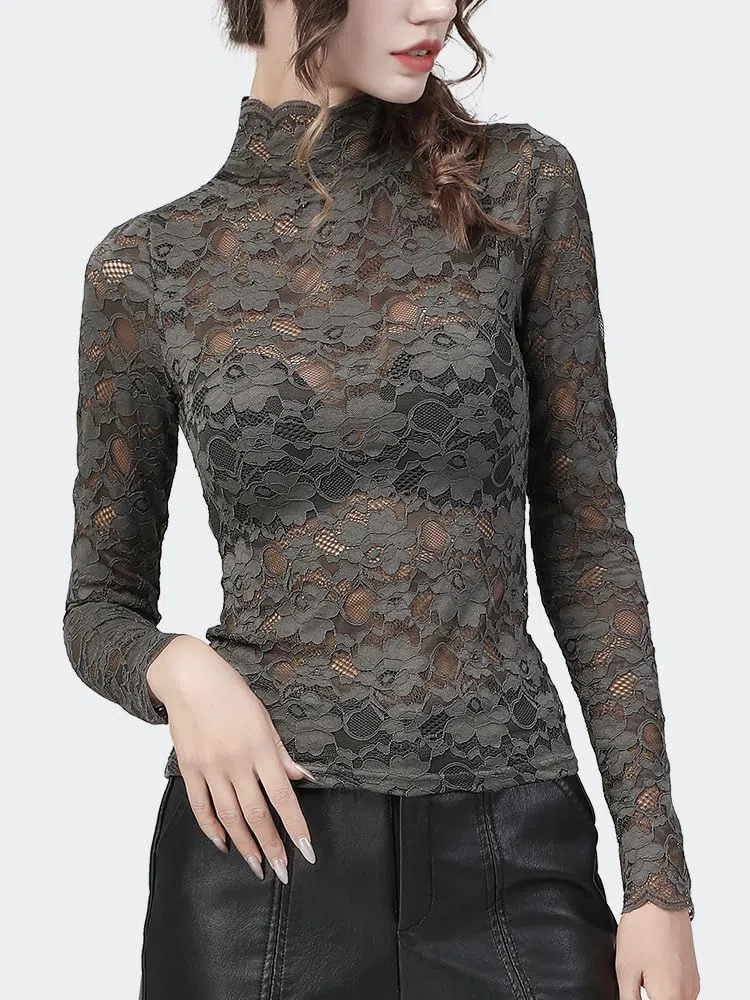 Camisas Sexy Flaco Gancho Flor Hueco Encaje Top con Sujetador 2 Piezas Manga Larga Cuello Alto Otoño Mujer Blusa (Gris XXL)
