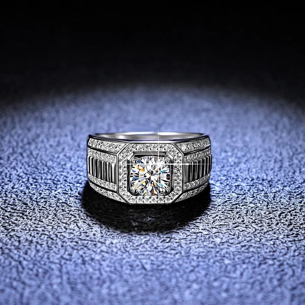 Anillo para hombre de plata ancha, anillos para hombre punk redondo con moissanite de 1 quilates de plata de 18 quilates y oro blanco, talla 53 (16,9)