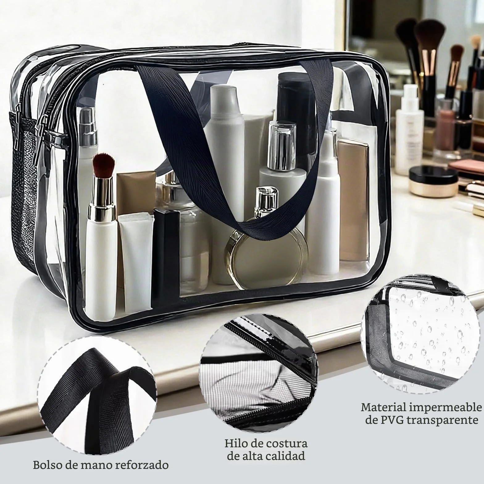 Neceser de viaje transparente grande, 31 x 21,1 x 16 cm, PVC grueso, impermeable, con compartimentos dobles y cremallera, para viajes en avión, mujeres y hombres