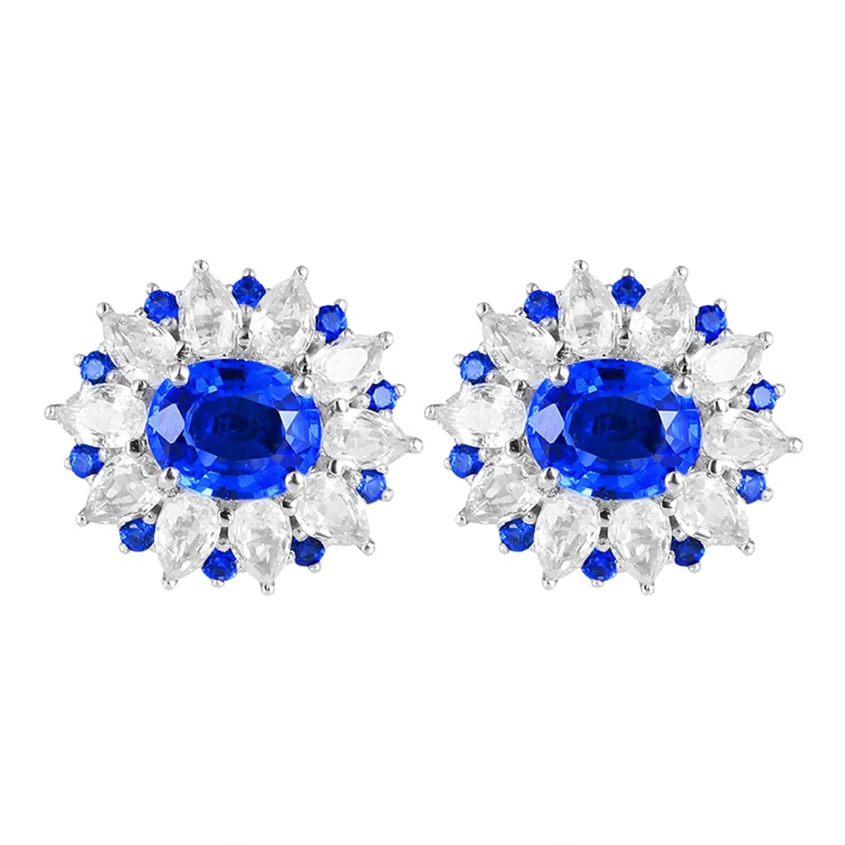 KnSam Pendientes de oro blanco 750 de 18 quilates para mujer, joyas de oro auténtico, pendientes de zafiro creados en laboratorio de 1,35 quilates con flores azules Au750, pendientes de oro blanco con