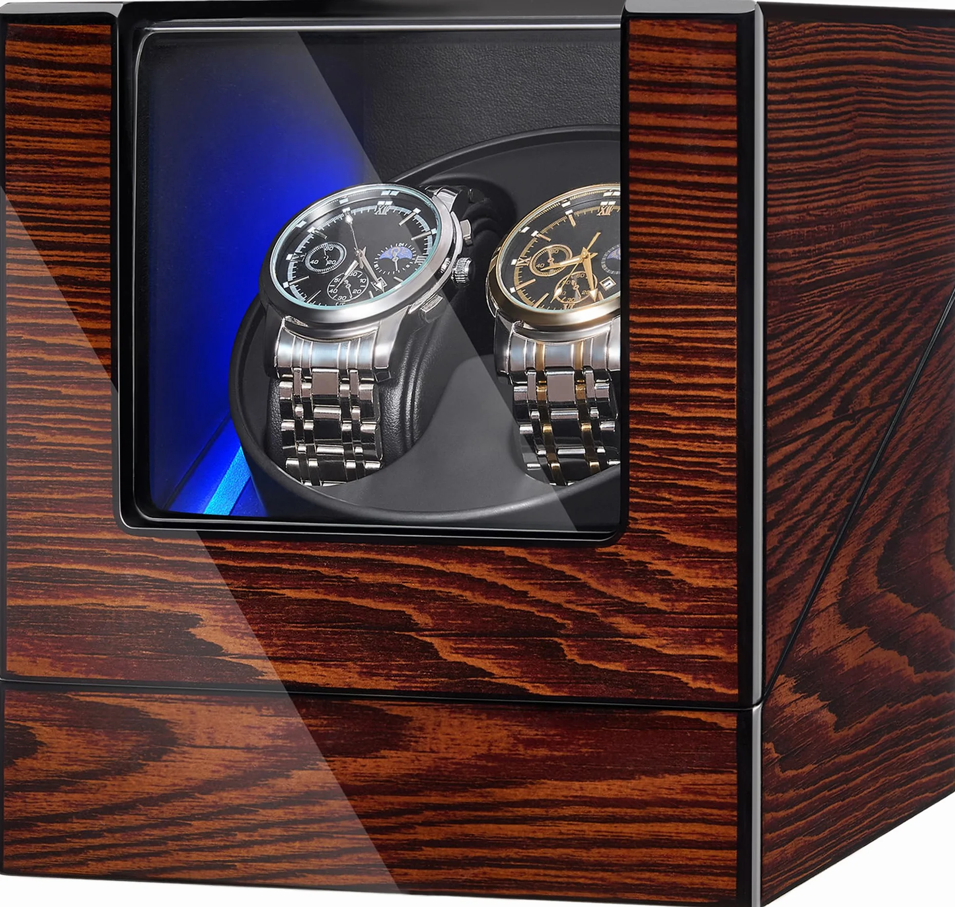 BEWISHOME Caja Automática Enrollador de Doble Reloj con Iluminación LED, Rotor Automático para Relojes con Motor Silencioso de Madera, 4 Modos, Batería o Adaptador Tipo C, Marrón ESYQ02Y