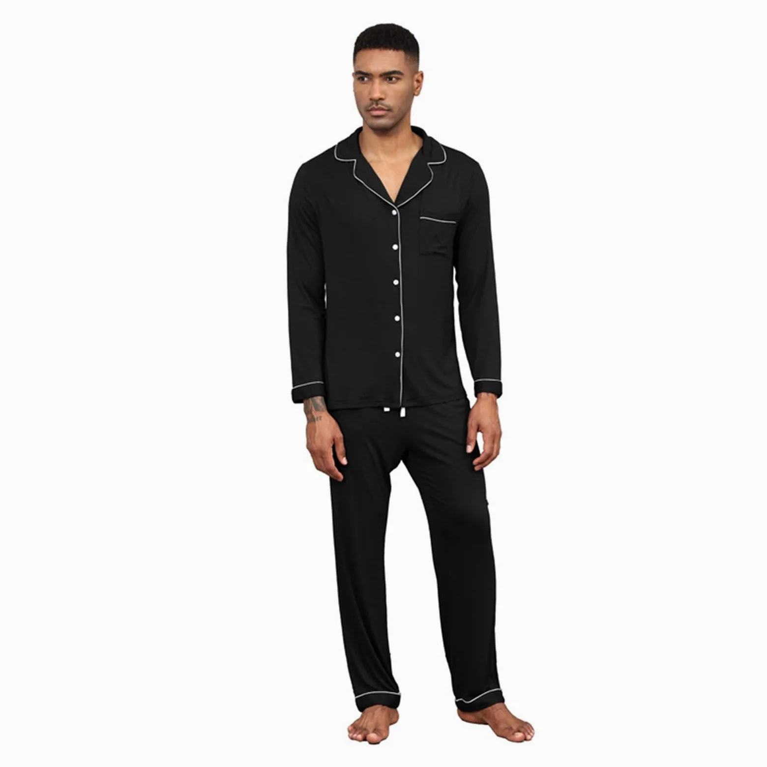 Generisch Conjunto de pijama para hombre, camisa de manga larga con cuello de solapa y pantalones largos, monocolor, algodón, informal, transpirable, ligero, suave, cómodo, traje de casa de 2 piezas