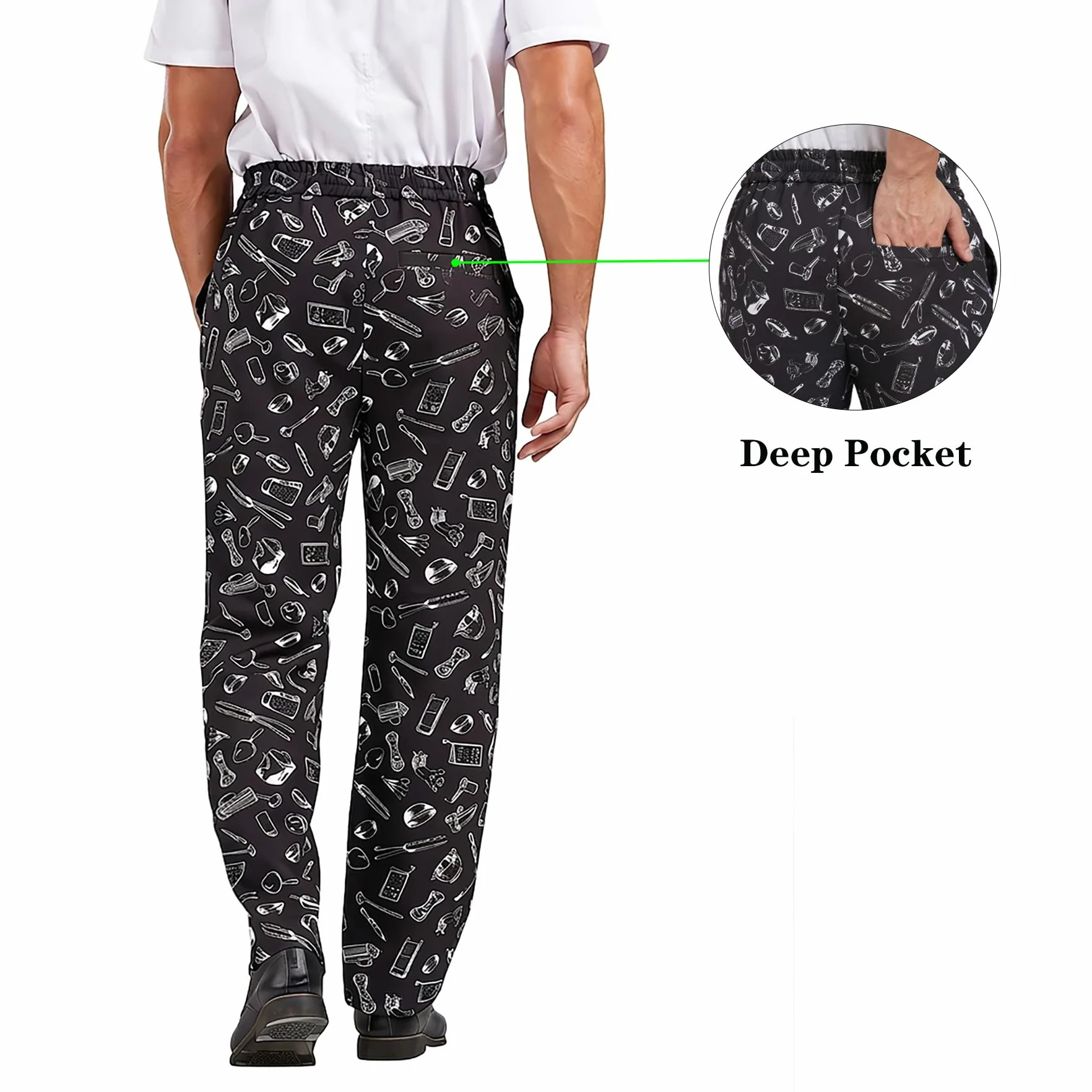 Nanxson Pantalones de Chef Holgados para Hombre, Pantalones de Trabajo Estampados con Cintura Elástica Pantalones de Chef Uniformes de Cocina para Restaurante