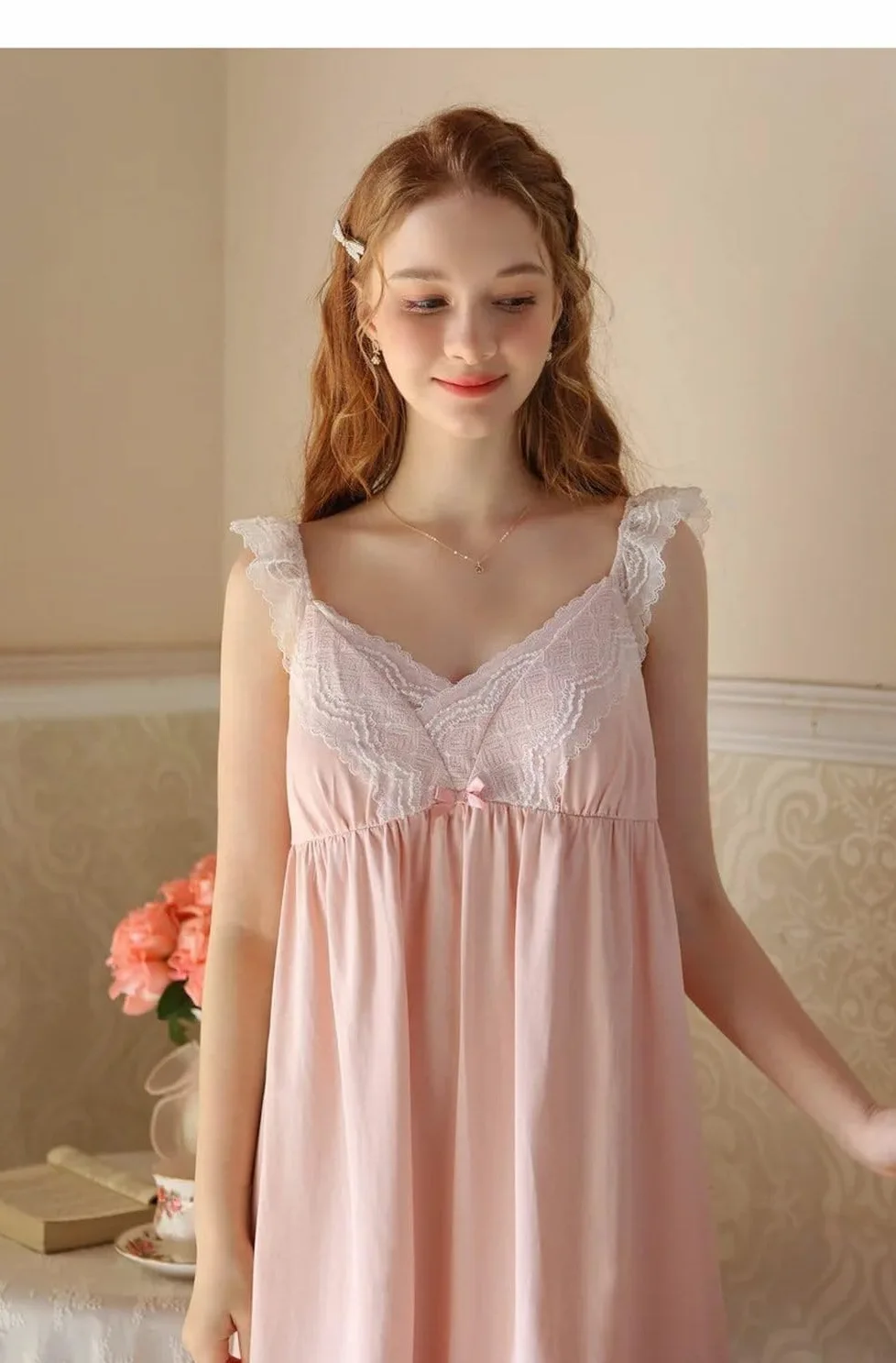 Camisón para Mujer - Ropa De Dormir De Algodón con Cuello En V Y Almohadillas para Sujetador para Mujer Vestido para Casa Holgado De Princesa Elegante De Verano