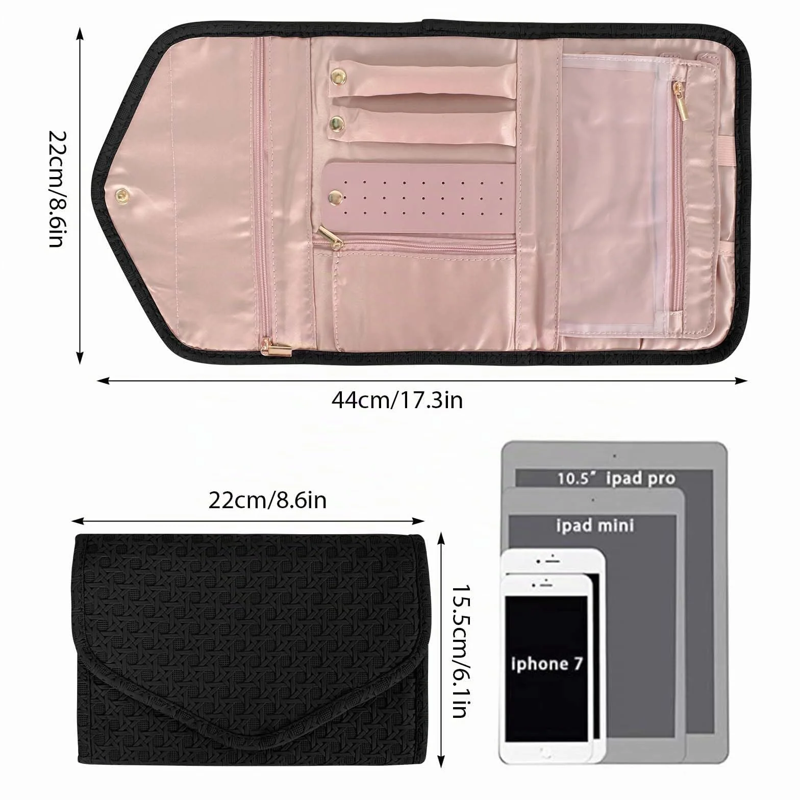 Organizador de Joyería Plegable Joyería Estuche Cuero Impermeable,Joyeros Enrollables Viaje,Rollo Organizador para Joyas de Viaje Bolsa Rollo de Joyas para Collares Pendientes Anillos Pulsera (Negro)