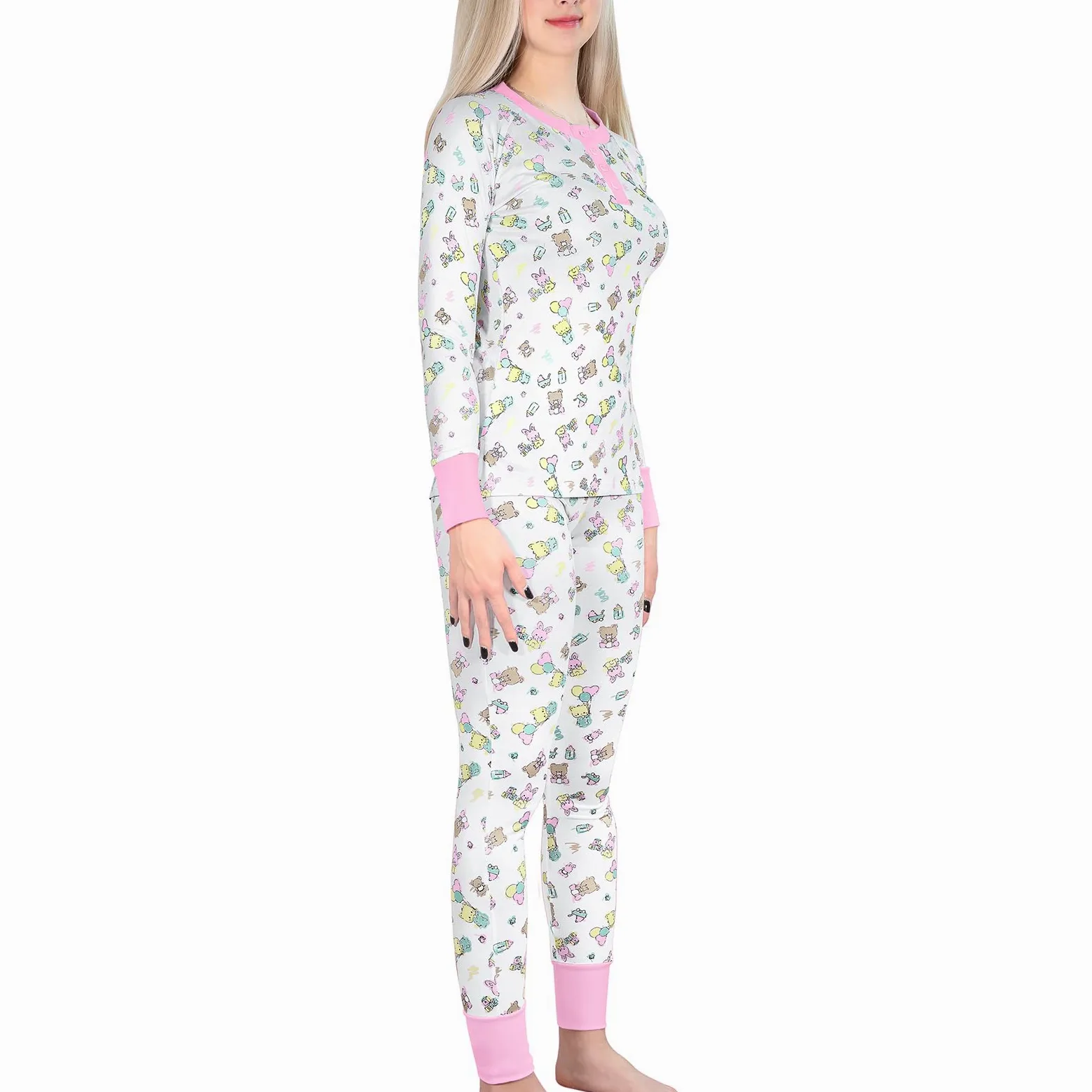 LittleForBig Dos Piezas Set de Pijama de Manga Larga para Mujer - Sedoso Suave, Cómodo Elástico y Transpirable Baby Cuties Temática Ropa de Dormir Rosa XXXXL