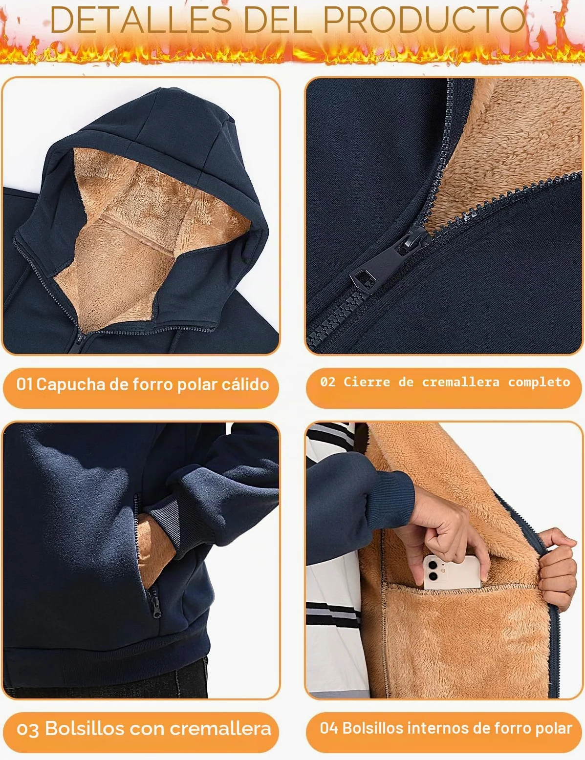 Sudadera con Capucha Hombre con Forro Polar Invierno Chaqueta Sudadera de Cremallera Completa Cómoda Manga Larga Informal Cálido Hoodie Abrigo con Bolsillo