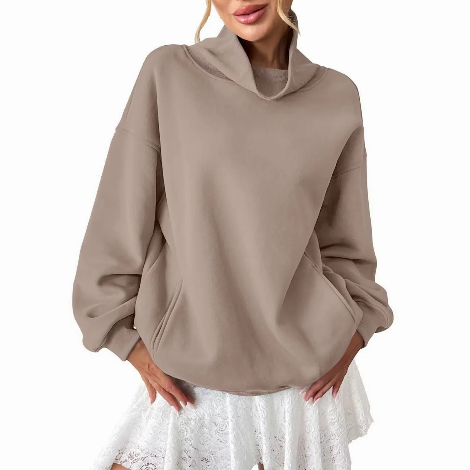Sudadera de mujer sin capucha, sudadera con cuello alto y manga larga, tendencia de color liso, suéter cálido y cómodo, informal, salida, otoño e invierno