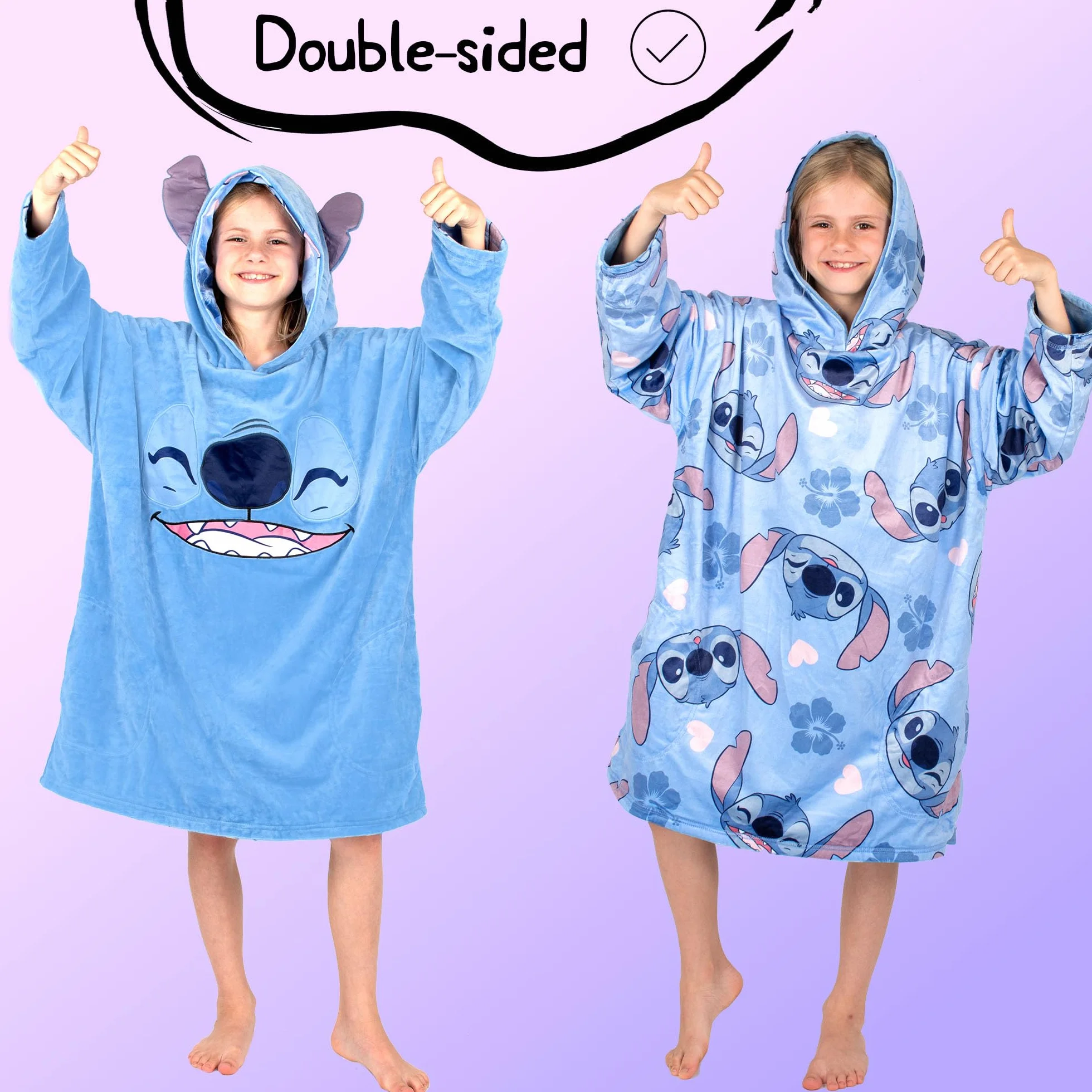 Disney Stitch - Manta reversible con capucha de gran tamaño para niños, súper suave, de doble cara, forro polar, regalo para niñas, talla única, color azul