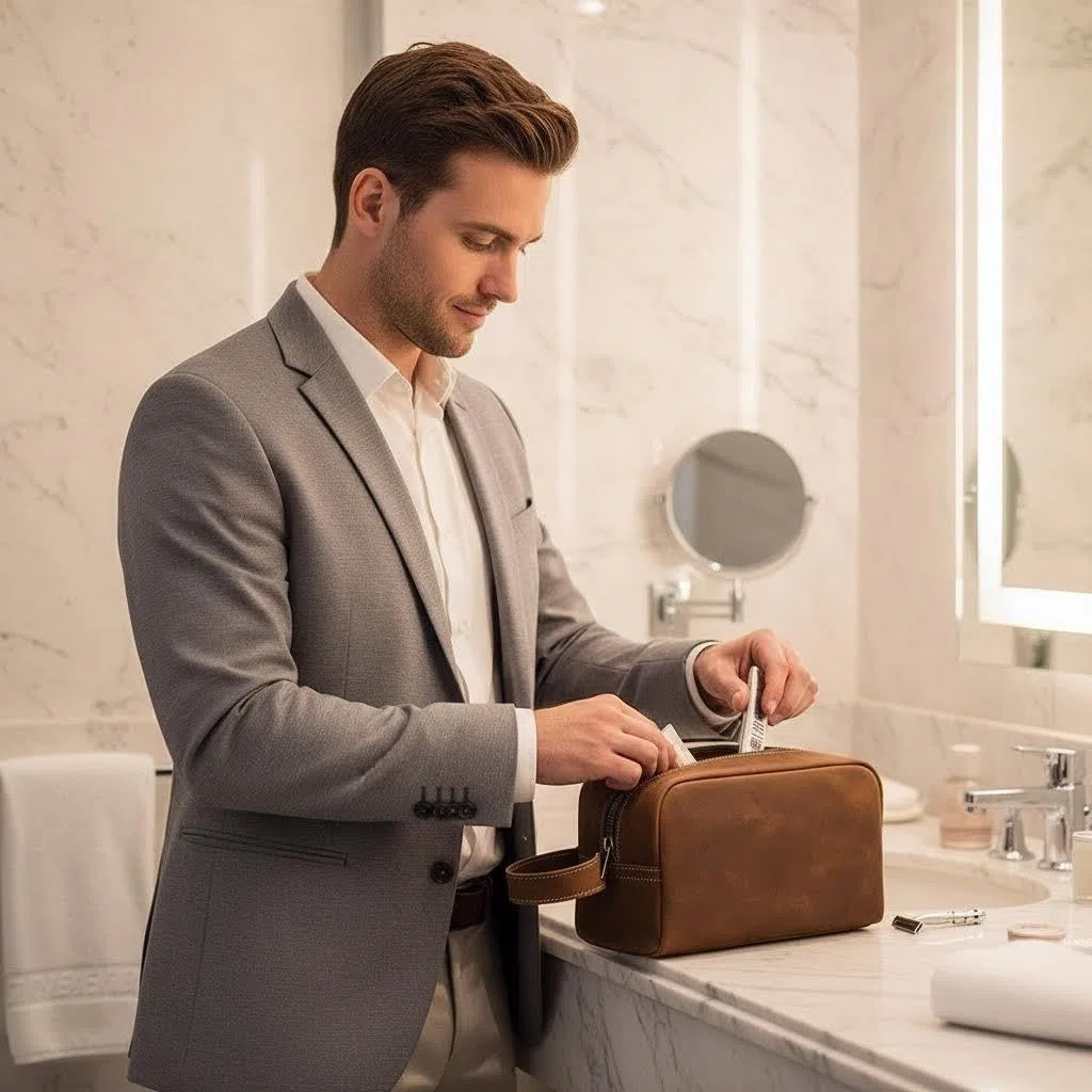 Neceser de viaje de cuero vacuno para hombre, kit de afeitado resistente al agua y organizador de cosméticos, bolsa de aseo unisex, Marrón1