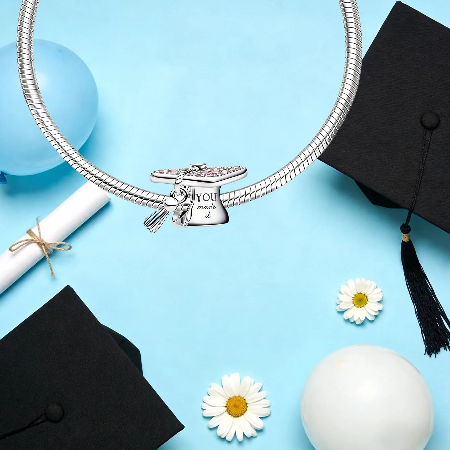 Graduación Pink Heart Búho Charms Abalorios Colgante Compatible Europeo Pulsera Collar Mujer